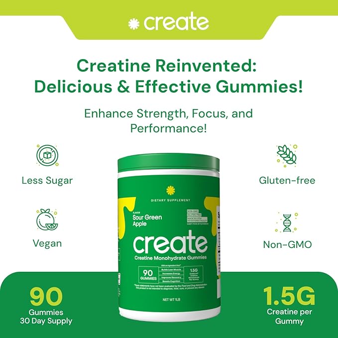 Creatine Monohydrate Gummies for Men & Women - Boost Focus, Strength, and Endurance, Anti-Melting Formula, Vegan, Gluten-Free, Non-GMO, 1.5 Gram Creatine per Gummy (Sour Green Apple, 90 ct)
