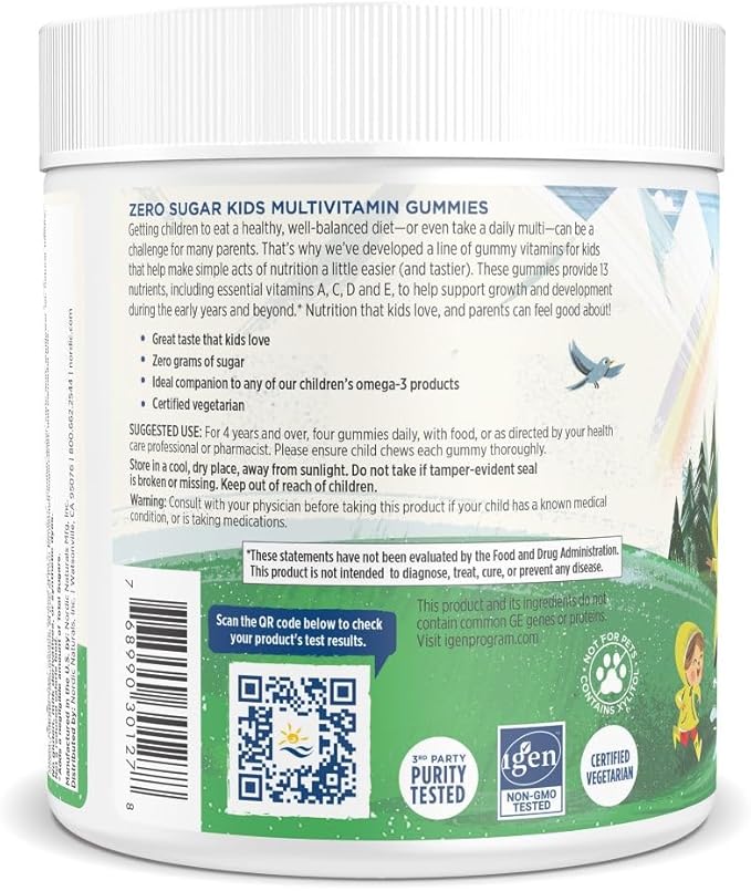 Nordic Naturals Zero Sugar Kids Multi Gummies, Orange Lemon - 120 Gummies - Great-Tasting Multivitamin for Ages 4+ - Supports Growth & Development - Non-GMO, Vegetarian - 30 Servings