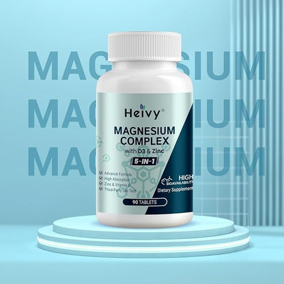 Magnesium Complex, Magnesium Glycinate, Citrate, Malate, Oxide, Gluconate with Zinc and Vitamin D3, Magnesium Supplement for Muscle, Nerve, Heart, Bone Support, High Absorption, 90 Tablets