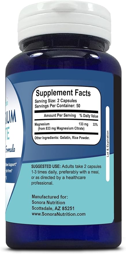 Magnesium Citrate High Absorption Formula 133 mg Per Serving, 100 Capsules