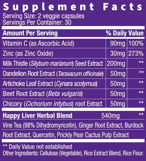 purple tree Happy Liver Daily | Liver Support & Cleanse with Milk Thistle 80% Silymarin, Dandelion Root, Artichoke Leaf, Vine Tea DHM, Vitamins & More - 60 Liver Detox Veggie Pills