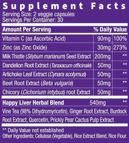 purple tree Happy Liver Daily | Liver Support & Cleanse with Milk Thistle 80% Silymarin, Dandelion Root, Artichoke Leaf, Vine Tea DHM, Vitamins & More - 60 Liver Detox Veggie Pills