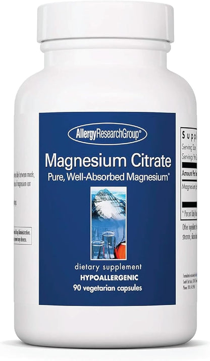 Allergy Research Group Magnesium Citrate Dietary Supplement - Bone & Stress Support, Well-Absorbed, Hypoallergenic, Vegetarian Capsules - 90 Count