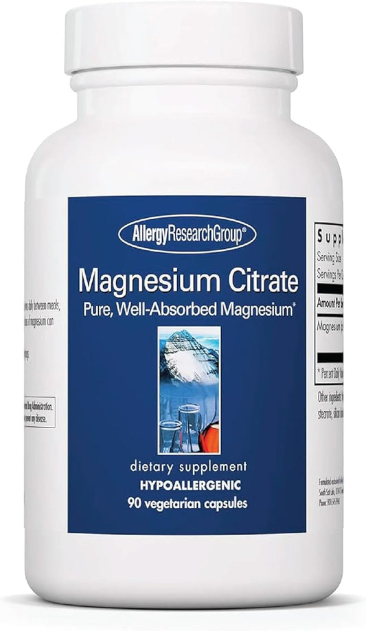 Allergy Research Group Magnesium Citrate Dietary Supplement - Bone & Stress Support, Well-Absorbed, Hypoallergenic, Vegetarian Capsules - 90 Count