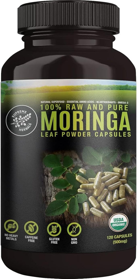100% Raw and Pure Moringa Leaf Powder Capsules. Organic Certified Moringa Leaf. Natural Superfood with Essential Amino Acids, Antioxidants and Omega 3, 500mg, 120 Capsules.