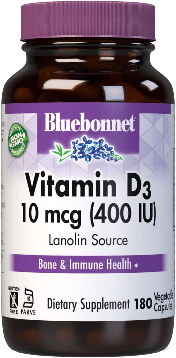 BlueBonnet Nutrition Vitamin D3 400 IU Vegetable Capsule, Aids in Muscle and Skeletal Growth, Cholecalciferol from Lanolin, Non GMO, Gluten Free, Soy Free, Milk Free, Kosher, 180 Count