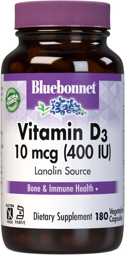 BlueBonnet Nutrition Vitamin D3 400 IU Vegetable Capsule, Aids in Muscle and Skeletal Growth, Cholecalciferol from Lanolin, Non GMO, Gluten Free, Soy Free, Milk Free, Kosher, 180 Count