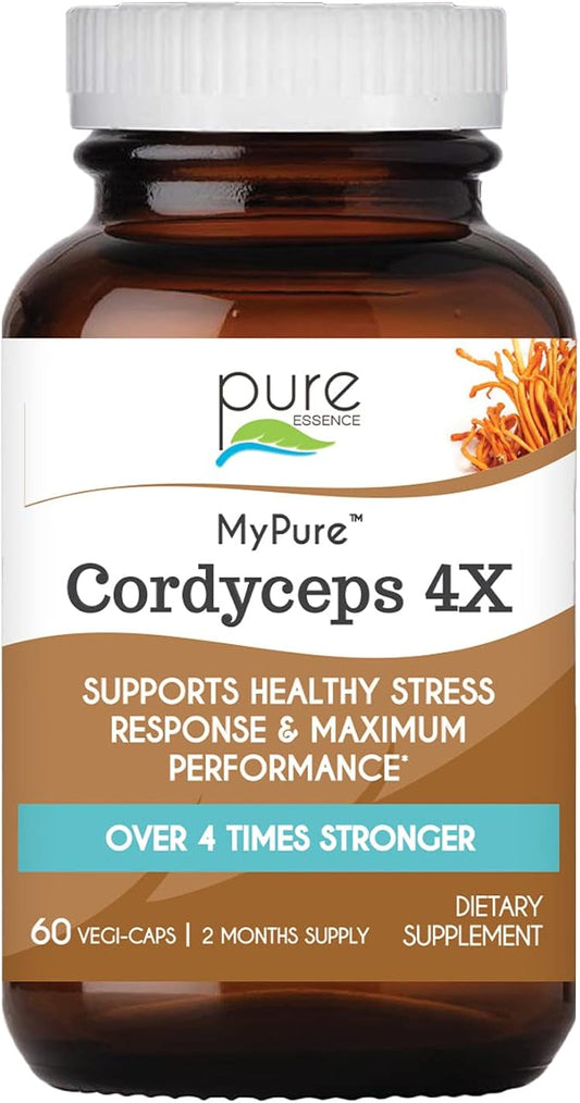 PURE ESSENCE LABS MyPure Cordyceps 4X Mushrooms - Concentrated Cordyceps Mushroom Powder Supplements for Immune System, Stress Response, Physical & Mental Performance - 2 Months Supply