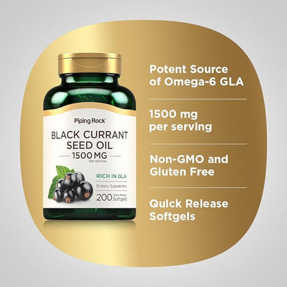 Piping Rock Black Currant Seed Oil Softgel Capsules | 1500mg | 200 Count | with Gamma Linolenic Acid (GLA) | Non-GMO, Gluten Free Supplement