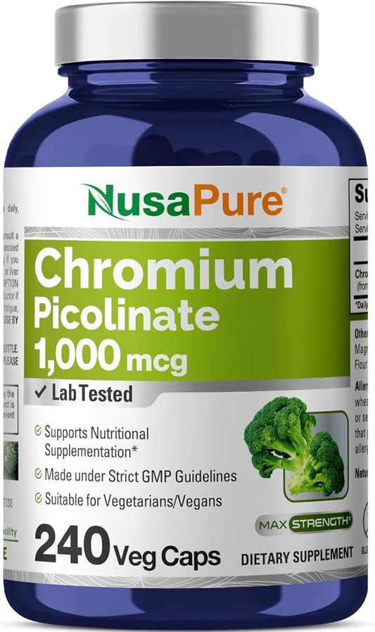 NusaPure Chromium Picolinate 1000mcg 240 Veggie Capsules (Non-GMO, Gluten Free)