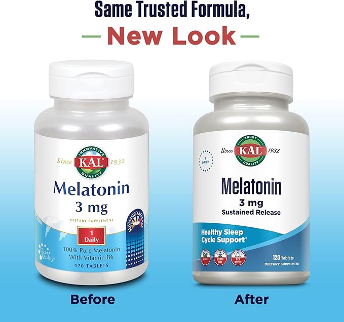 KAL Melatonin 3mg Sustained Release Sleep Aid, Melatonin Supplement Supports Healthy Relaxation, a Calm Feeling and a Proper Sleep Cycle, w/Added Vitamin B6, Vegan, Gluten Free, 120 Serv, 120 Tablets