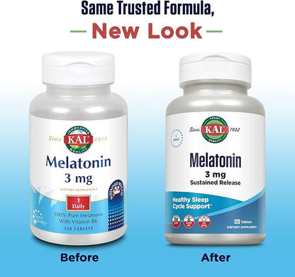 KAL Melatonin 3mg Sustained Release Sleep Aid, Melatonin Supplement Supports Healthy Relaxation, a Calm Feeling and a Proper Sleep Cycle, w/Added Vitamin B6, Vegan, Gluten Free, 120 Serv, 120 Tablets