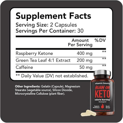 Vitamin Bounty Burn on Keto – Thermogenic Fat Burner + GLP-1 Support – Keto Diet Pills for Women & Men – Appetite Suppressant, Energy & Metabolism Booster – 60 Capsules