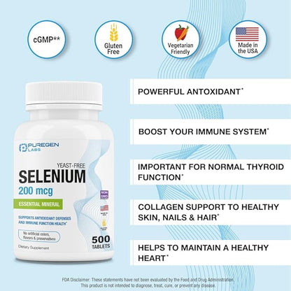Puregen Labs Selenium 200 mcg Yeast Free Essential Mineral - 500 Vegetarian Tablets | Immune & Antioxidant Support | Non-GMO, Gluten Free, Made in USA