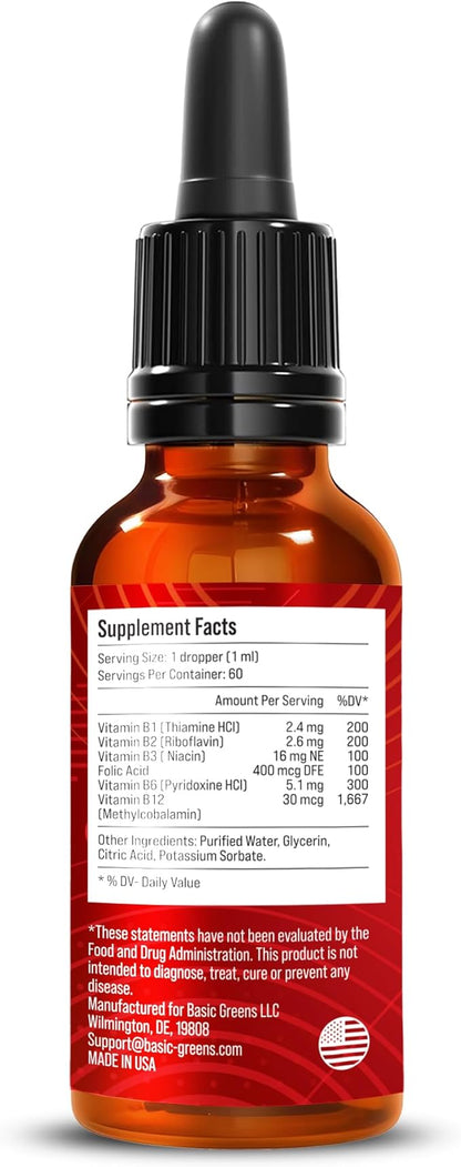 Vitamin B Complex Liquid Drops - Strength Sublingual Formula, Maximizes Absorption & Boosts Energy - B1, B2, B3, B5, B6, B7, B9, B12 - Natural Vegan Supplement for Immunity (B Complex)