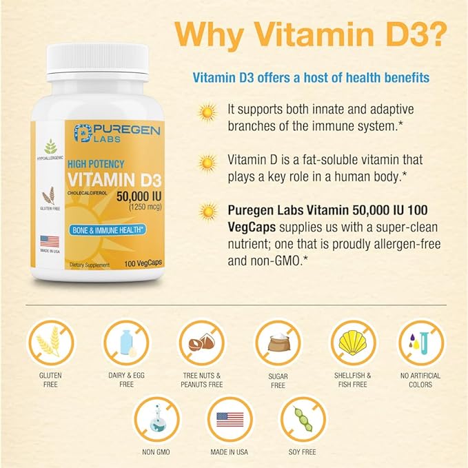 Puregen Labs Vitamin D3 50,000 IU (1250 mcg) 100 Weeks Supply for Healthy Muscle Function, and Immune Support, Non-GMO, Gluten Free 100 Vegetable Capsules
