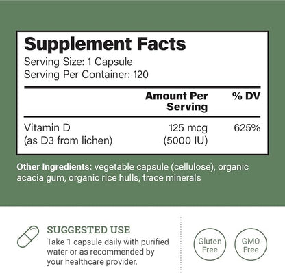 Earth Harmony Vegan Vitamin D3 5000 iu & Organic Lion's Mane 1000mg Supplement - 120 Capsules Each