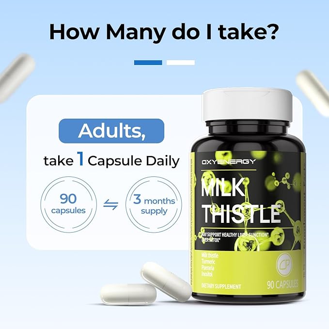 OxyEnergy Silymarin Milk Thistle 300mg Extract with Vitamin C, Inositol & Pueraria, Liver Detox & Repair Support, Antioxidant Support,90 Capsules, Cardo Mariano para el Hígado