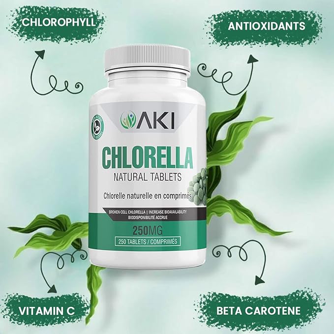 AKI Chlorella Superfood Supplement Tablets (250) - Green Superfood Fount of Vitamin B12, Iron & Protein - Ideal in GMO Free & Vegan Friendly