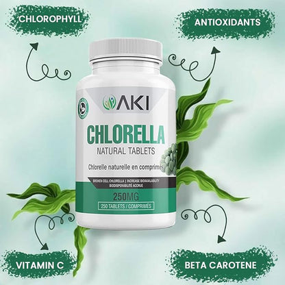 AKI Chlorella Superfood Supplement Tablets (250) - Green Superfood Fount of Vitamin B12, Iron & Protein - Ideal in GMO Free & Vegan Friendly