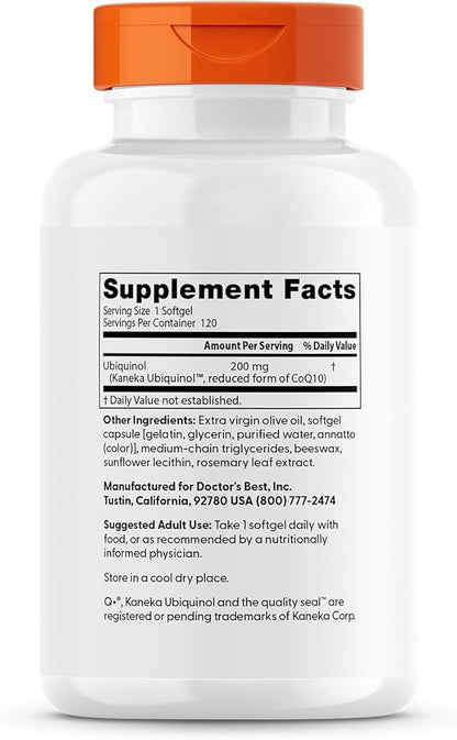 Doctors Best Ubiquinol, Reduced-Form Coenzyme Q1, Non-GMO, Gluten Free, Soy Free 120 Softgels