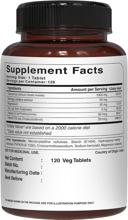 Pure Nutrition Ultra Calcium 1000mg with VIT D3 + K2 | 120 Tab | Highly absorbable Calcium Supplement with Calcium Citrate Malate, VIT D3, K2, Moringa Oleifera, Magnesium and Zinc.