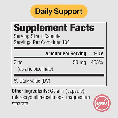PureFormulas Zinc Picolinate 50 mg - Immunity & Hormone Support - Bioavailable 50 mg Zinc Supplement 100 Capsules