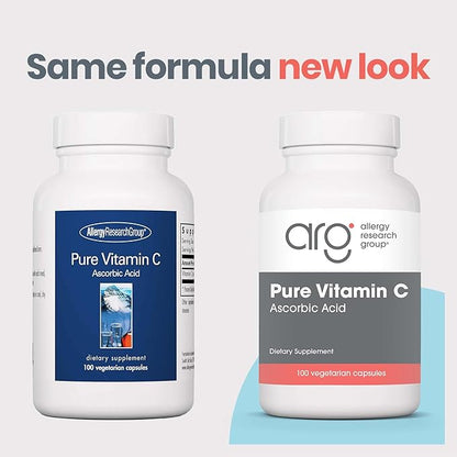 Allergy Research Group Pure Vitamin C Supplement - Ascorbic Acid, 1000mg Organic Vitamin C, High Potency, Unbuffered, Mild Acidity, Vegetarian Capsules - 100 Count
