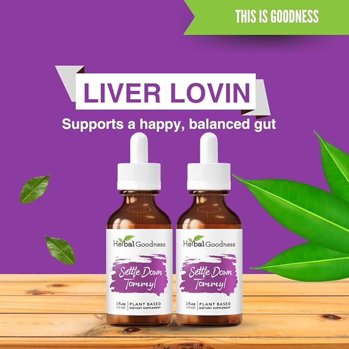 Herbal Goodness Settle Down Tommy - Organic Digestive Support & Gut Balance Supplement | Supports Belly Bliss & Balanced Gut with Ginger, Lemon Balm, Mango Leaf, Nettle, | 2 fl oz