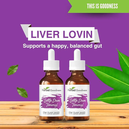 Herbal Goodness Settle Down Tommy - Organic Digestive Support & Gut Balance Supplement | Supports Belly Bliss & Balanced Gut with Ginger, Lemon Balm, Mango Leaf, Nettle, | 2 fl oz