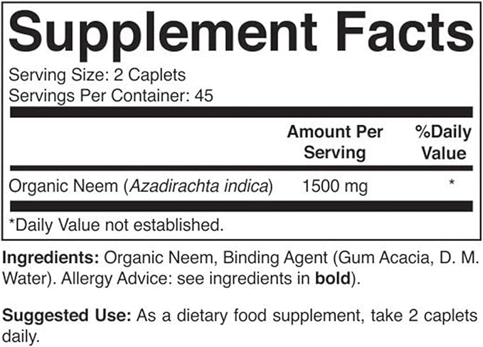 Brieofood Organic Neem 1500mg, 45 Servings, Vegetarian, Gluten Free, 90 Vegetarian Tablets