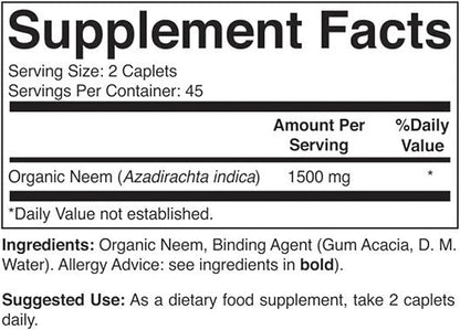 Brieofood Organic Neem 1500mg, 45 Servings, Vegetarian, Gluten Free, 90 Vegetarian Tablets