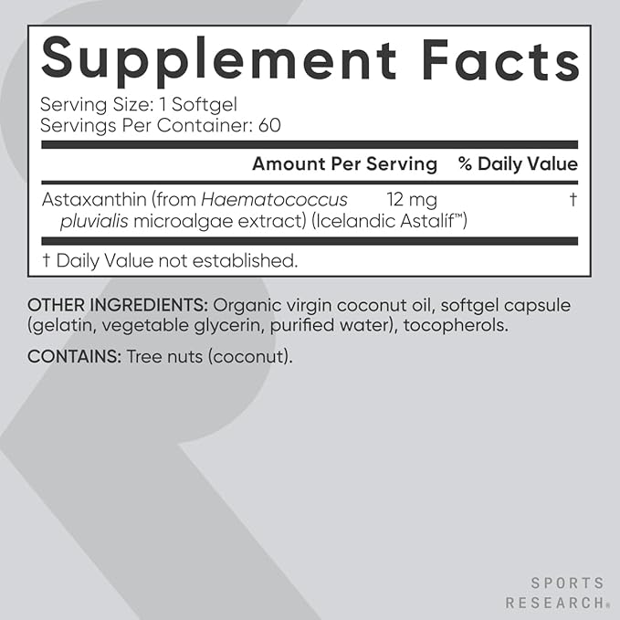 Sports Research Triple Strength Astaxanthin 12mg with Organic Coconut Oil - Antioxidant Supplement, Non-GMO Verified & Gluten Free - 60 Softgels