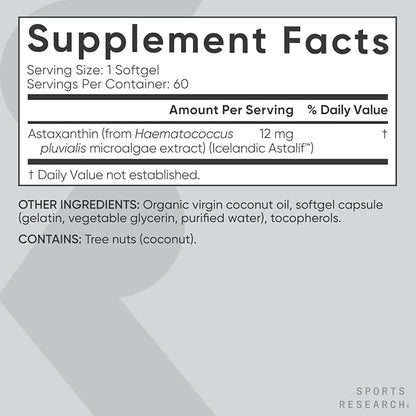 Sports Research Triple Strength Astaxanthin 12mg with Organic Coconut Oil - Antioxidant Supplement, Non-GMO Verified & Gluten Free - 60 Softgels