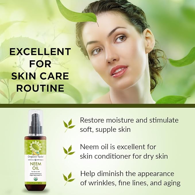 Organic Veda Neem Oil - Pure, Cold Pressed & Organic Neem Oil for Skin, Hair, Face, Body, Scalp - Natural Moisturizer, Virgin Neem seed oil - Rich in Vitamin E, Fatty Acids, Antioxidants - 3.4 fl oz