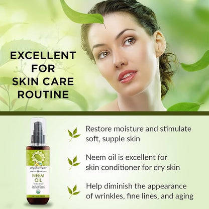 Organic Veda Neem Oil - Pure, Cold Pressed & Organic Neem Oil for Skin, Hair, Face, Body, Scalp - Natural Moisturizer, Virgin Neem seed oil - Rich in Vitamin E, Fatty Acids, Antioxidants - 3.4 fl oz
