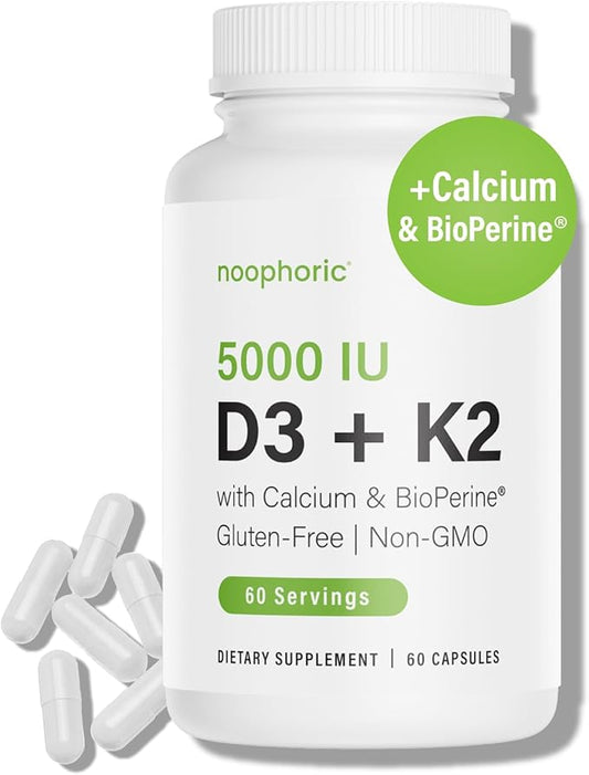 Noophoric D3 K2 Vitamin 5000 IU - Vitamin K2 100 mcg MK7, Calcium, BioPerine - Bone Health & Immune Support Supplement - Gluten-Free, Non-GMO - Vitamin D3 K2 Supplement (60 Servings)