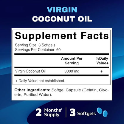 Vitamatic Virgin Coconut Oil Softgels, 3000 mg Per Serving, 60 Servings, 180 Count, Non-GMO, Gluten Free