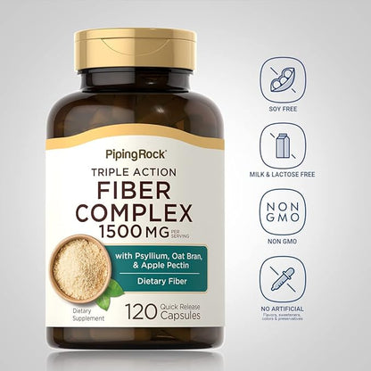 Piping Rock Fiber Complex Supplement | 1500mg | 120 Capsules | Triple Action Pills | with Psyllium, Oat Bran, and Apple Pectin | Non-GMO, Gluten Free