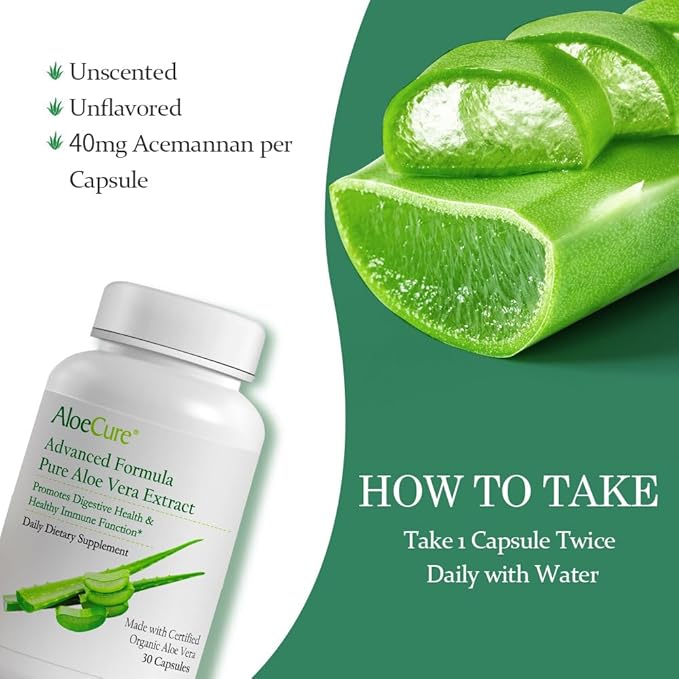 AloeCure Organic Aloe Vera Capsules, 130,000mg Inner Aloe Leaf Equivelant per Serving, Support Gut, Digestive, & Immune Health, Helps Maintain Balanced Stomach Acidity, Aloin Free, 30 Capsules