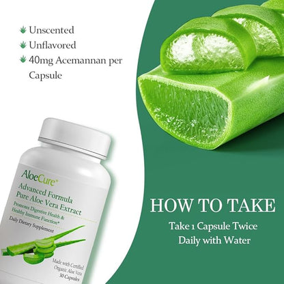 AloeCure Organic Aloe Vera Capsules, 130,000mg Inner Aloe Leaf Equivelant per Serving, Support Gut, Digestive, & Immune Health, Helps Maintain Balanced Stomach Acidity, Aloin Free, 30 Capsules