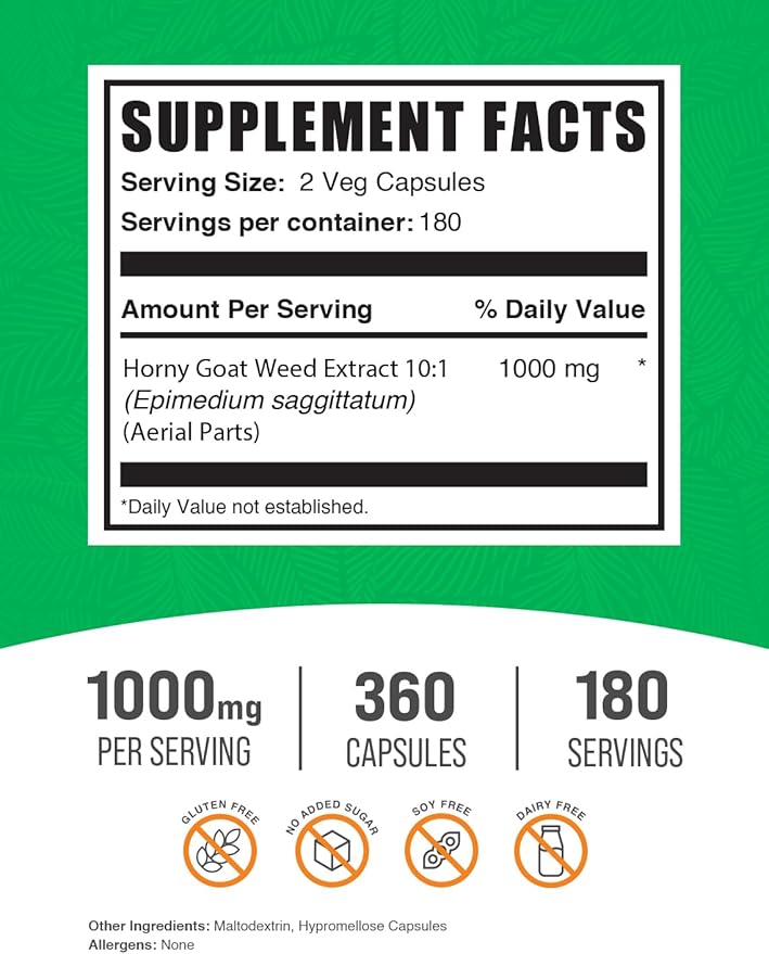 BulkSupplements.com Horny Goat Weed Capsules - Epimedium Extract, Horny Goat Weed Herbal Supplements - Vegan, 2 Capsules per Serving (1000mg), 360 Veg Capsules (Pack of 1)