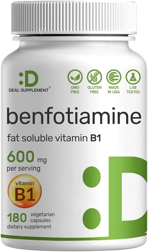 Benfotiamine 600mg Per Serving, 180 Veggie Capsules (300mg Per Cap) – Fat Soluble Vitamin B1 Thiamine Supplement – 3rd Party Tested, Vegan, Non-GMO, Gluten Free