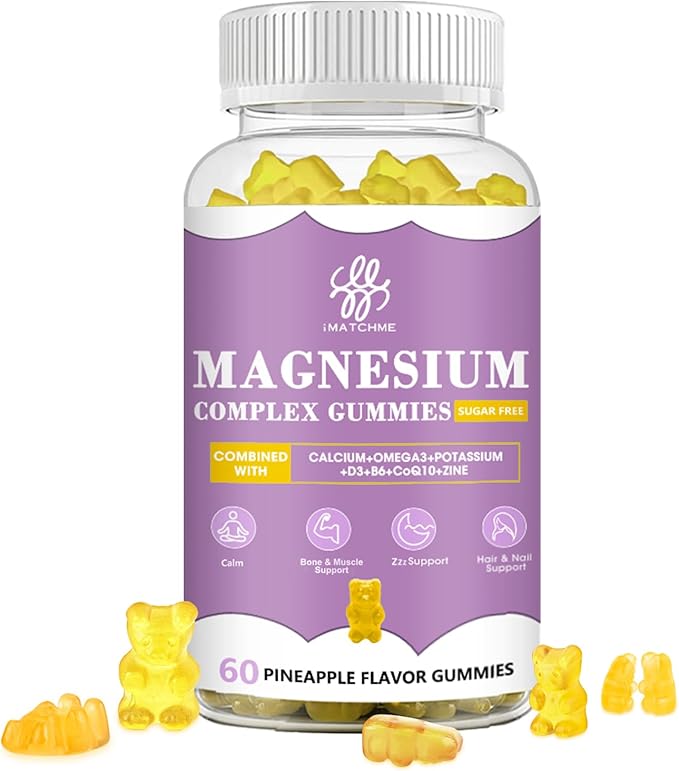 Magnesium Glycinate Gummies with Magnesium Malate, Taurate, Citrate, Potassium Complex Supplement with CoQ10, Calcium, Supports for Memory, Bone, Calm, Sleep, 60 Pineapple Gummies