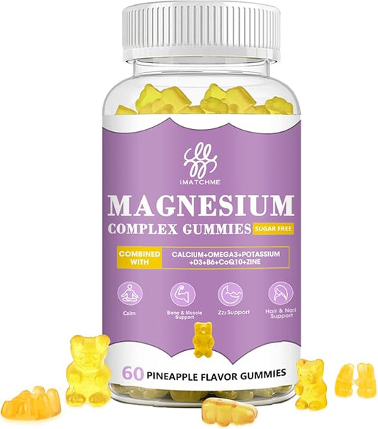 Magnesium Glycinate Gummies with Magnesium Malate, Taurate, Citrate, Potassium Complex Supplement with CoQ10, Calcium, Supports for Memory, Bone, Calm, Sleep, 60 Pineapple Gummies