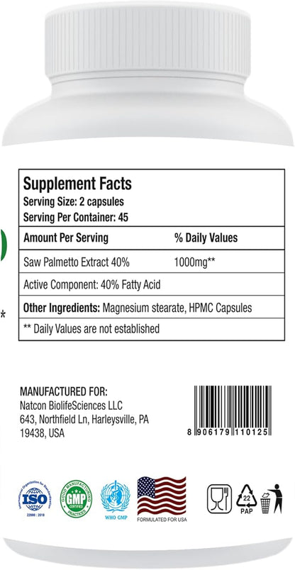 Saw Palmetto 1000mg per Serving for Men Prostate Supplements | Potent Saw Palmetto for Urinary and Prostate Health | 90 Veg Capsules,45 Days Supply