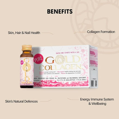 GOLD COLLAGEN Pure - Collagen Supplements for Women & Men with Biotin for Hair Growth, Skin and Nail - Anti Wrinkle Immune System Booster with Hyaluronic Acid, Vitamin C, B6 and Zinc, 3 Pack 10x50 ml