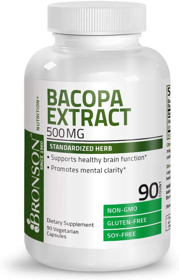 Bronson Bacopa Monnieri Extract 500 mg - Promotes Mental Clarity and Brain Function - Non GMO, 90 Vegetarian Capsules
