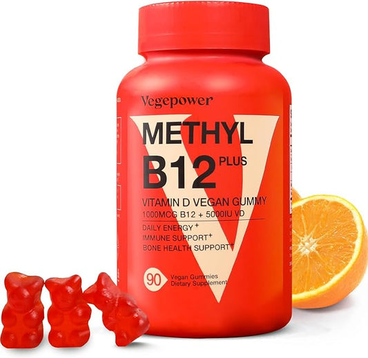 Vegan Vitamin B12 Gummies with Vitamin D - 90 Count I 1000 MCG Methyl B12 & D3 5000 IU Chewable Gummies Supplements for Adults & Kids - Supports Bone Health & Daily Energy Boost - Non-GMO, Orange
