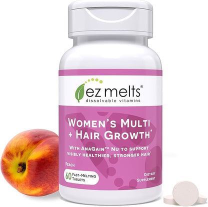 EZ Melts Dissolvable Women’s Multivitamin + Hair Growth with Biotin, Bamboo Extract & Clinically Studied AnaGain™ Nu, Supports Visibly Healthier, Stronger Hair, Sugar-Free Peach Flavor, 1-Month